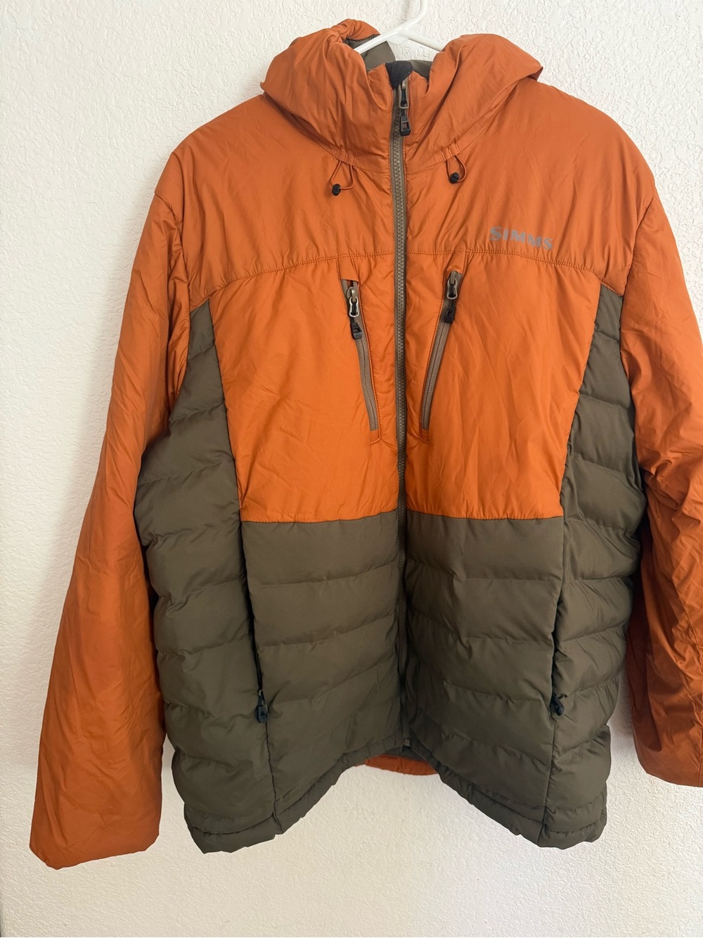 Simms Orange & Olive Puffer Hooded Jacket Sz xl like new